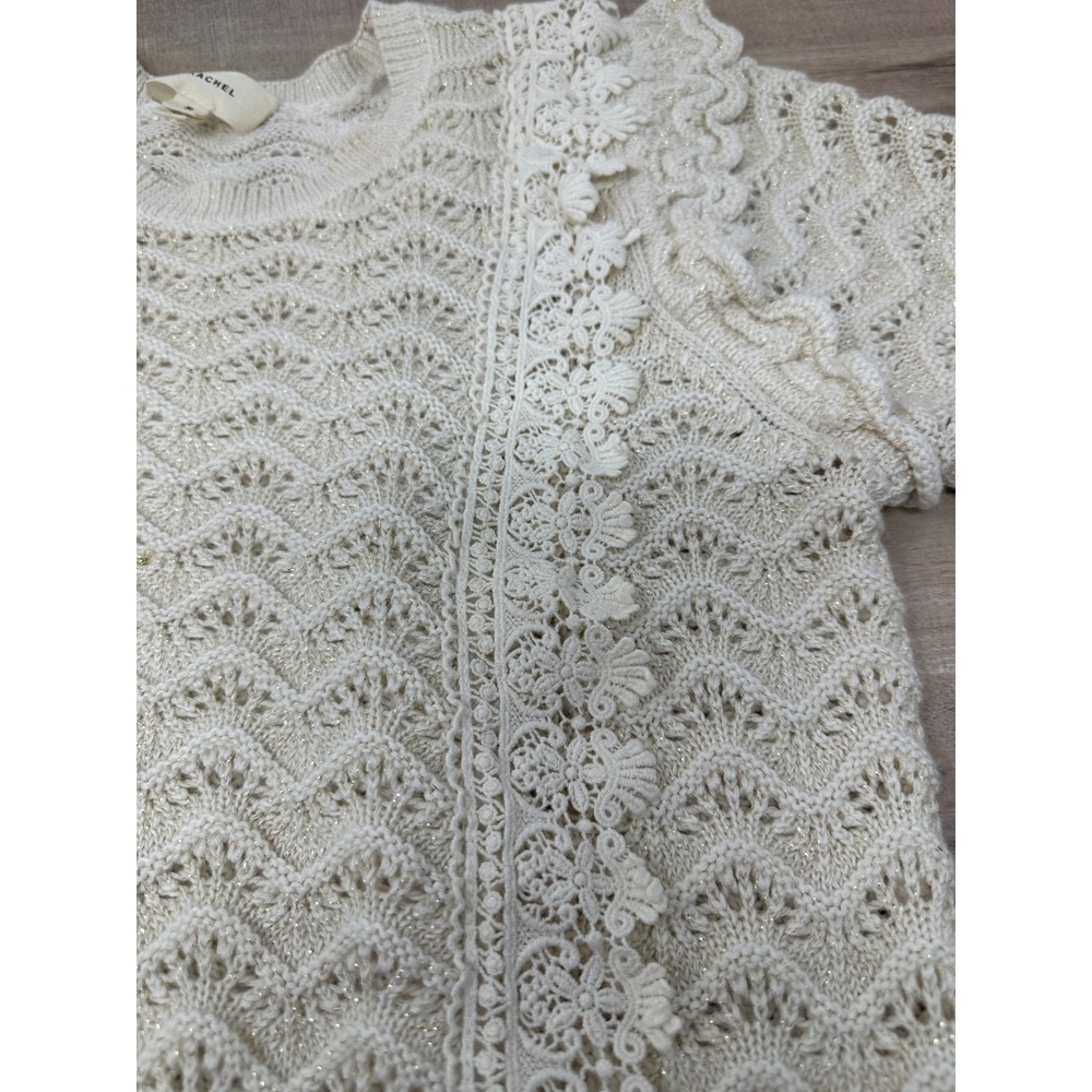 Anthropologie Kachel Shimmer Crochet Short Sleeve Sweater Size Small Offwhite - Picture 3 of 11